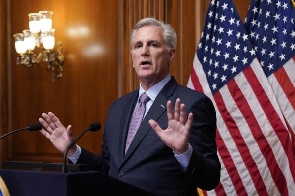 Rep. Kevin McCarthy speaks to reporters on Oct. 3, hours after he was ousted as speaker of the House. (J. Scott Applewhite/AP)